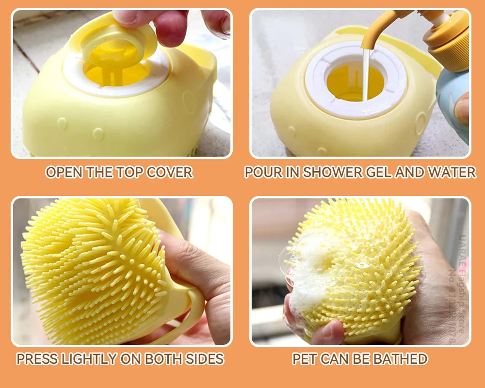 Sheddless Pet Bathing and Massage Brush with Shampoo Dispenser